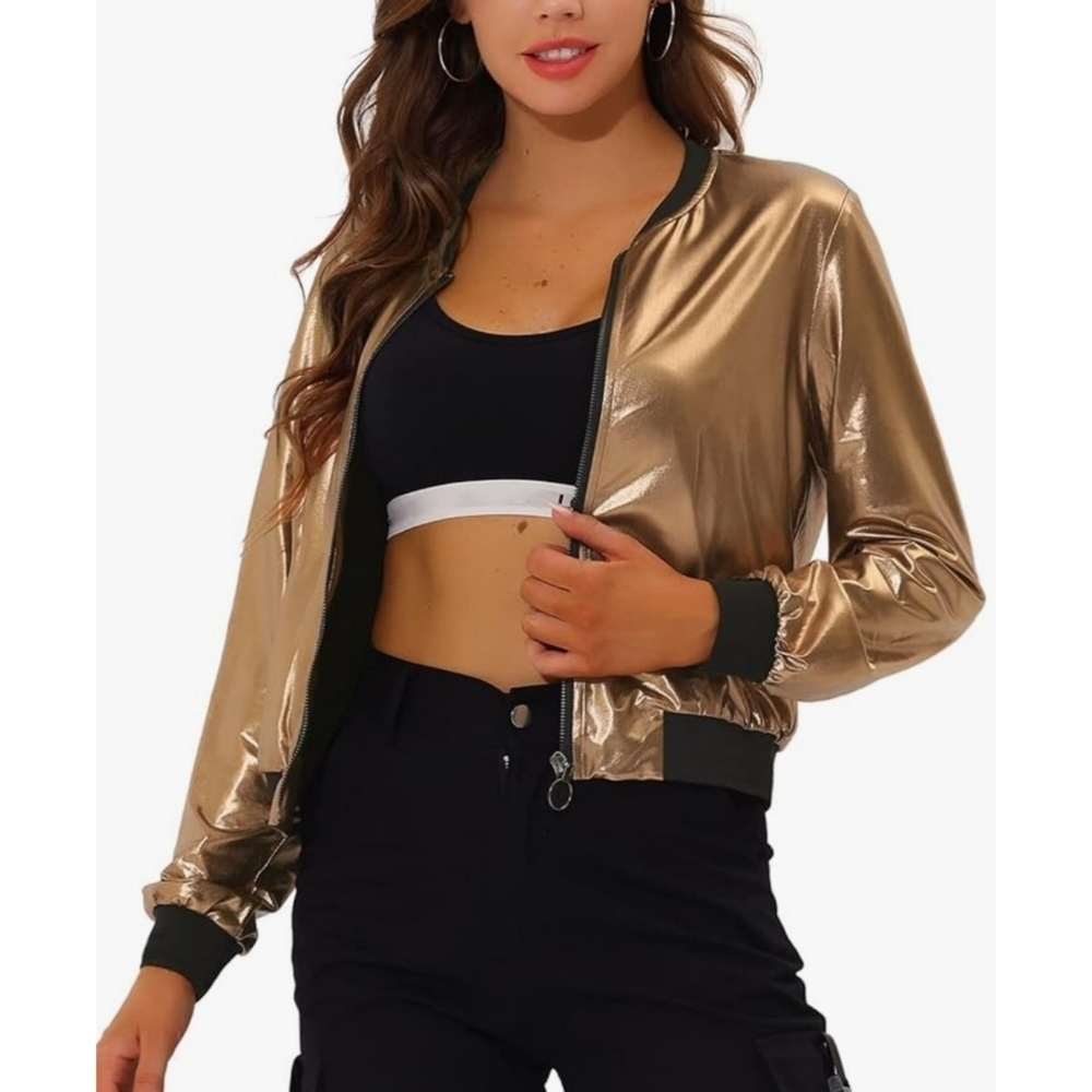 Allegra K Metallic Lightweight Shiny Bomber Jacket Golden Brown Size S